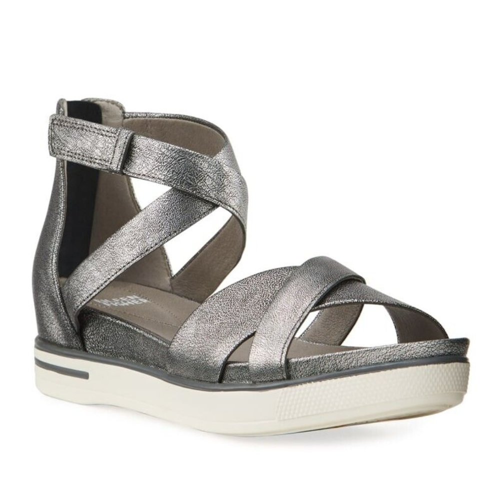 Eileen Fisher Sally Metallic Crisscross Sandals Women‎ 7 1/2 EUC Back Zip Silver